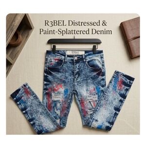 R3bel Mens Skinny Distressed Paint Splatter Acid Wash Denim Jeans 30x32 Blue